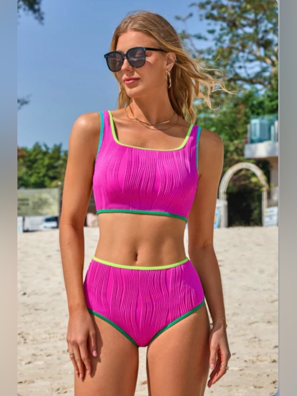 CHARMO || Neon Pink Ribbed High-Waist Bikini Set with Contrast Trim. Sz. XL